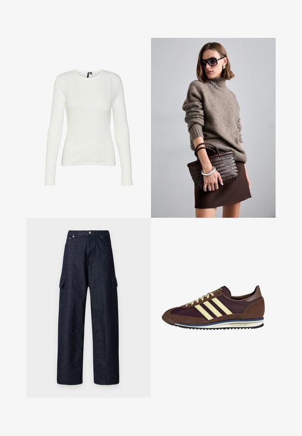 Bela srajca z dolgimi rokavi in okroglo ovratnikom. Tkanina ima teksturiran vzorec z navpičnimi črtami in rebrastimi podrobnostmi.; Temno modri cargo hlače s širokimi nogami, ki imajo dva stranska žepa, gumbno zapiranje in trpežno teksturo tkanine.; Rjavi in rdeče-burgundske teniske iz usnja in mrežastega materiala, ki imajo tri smetane stripe, teksturirano blago na jeziku in gumijast podplat.; DRAGON DIFFUSION MINI FLAT GORA - Torbica - dark brown