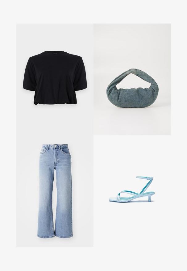 Fekete, rövid ujjú, pamut cropped t-shirt kerek nyakkivágással, tiszta, varrás nélküli dizájnnal és puha textúrával.; Világoskék, magas derekú, bőszárú farmernadrág elülső és hátsó zsebekkel, gombos záródással és finom fakulással a combokon és a szegélyeken.; Világoskék, pántos szandál négyzet alakú orral, alacsony sarokkal, állítható bokapánttal és sima, fényes felülettel. Keresztezett pántok a talprétegen.; Kék farmerből készült táska párnázott, lekerekített formával és ívelt fogantyúval. A textúra puha, látható varrásokkal és sima felülettel rendelkezik.