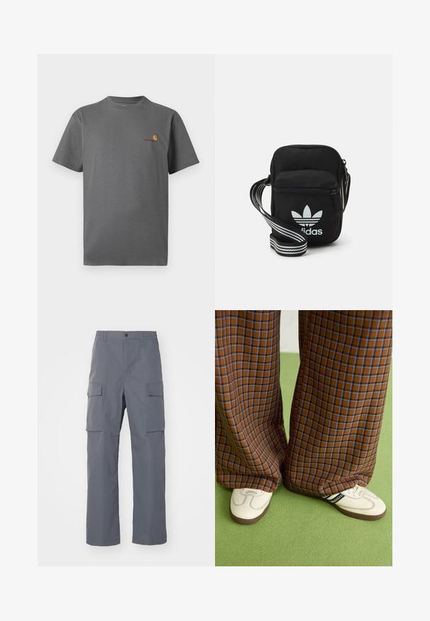 Pilkos spalvos trumpomis rankovėmis marškinėliai, pagaminti iš medvilnės; ant krūtinės yra subtilus logotipas oranžinės ir burgundinės spalvų. Pagrindinis apvalaus kaklo dizainas.; Pilkos krovinių kelnės, pagamintos iš patvarios medžiagos. Ypatybės: elastingas juosmuo, dvi didelės šoninės kišenės ir tiesus kirpimas.; Rudos ir mėlynos langelinės plačios kelnės, derinamos su baltais batais su juodais akcentais ir tekstūruotais padais, prieš žalią foną.; Juodas audinio per petį nešiojamas krepšys su užtrauktuku, turintis baltą Adidas logotipą ir dryžuotą reguliuojamą diržą patogiam nešiojimui.