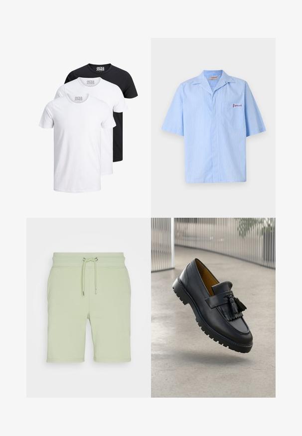 Drei T-Shirts in Weiß und Schwarz, aus Baumwolle. Jedes hat einen Rundhalsausschnitt und kurze Ärmel, mit einem Logo, das am Halsausschnitt sichtbar ist.; Fiorucci STRIPED LOGO BOWLING SHIRT - Hemd - light blue; GANT REG SHIELD - Jogginghose - milky matcha; Schwarzer Lederloafer mit Quastenverzierung, glatter Oberfläche und Gummisohle mit Profilrillen. Innenfutter in kontrastierendem Braun.