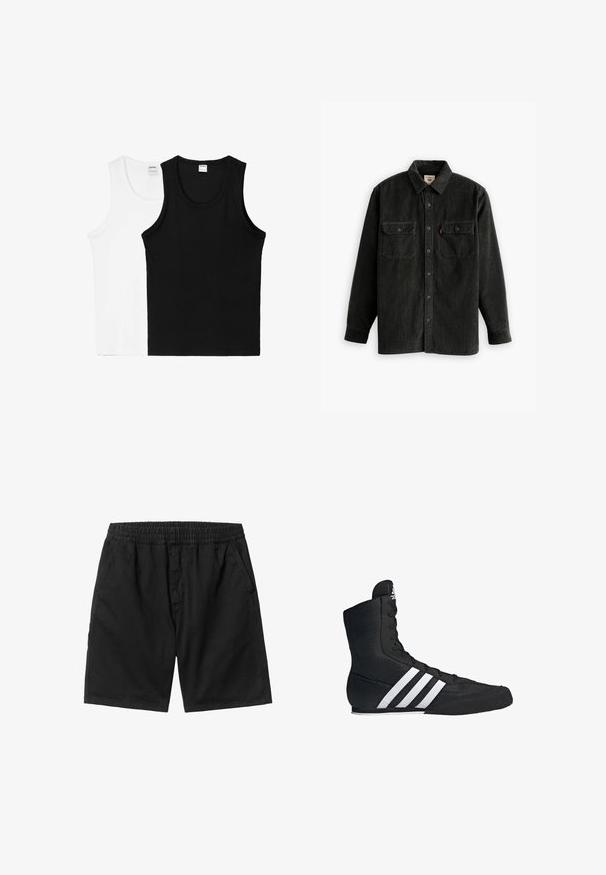 Dvě bezramínkové tílka: jedno bílé a jedno černé, vyrobené z měkké bavlny, s kulatými výstřihy a bez viditelných vzorů či kovových prvků.; Černá kordurová košile s knoflíkovým zapínáním vpředu, límečkem a dvěma náprsními kapsami. Disponuje texturovanou tkaninou a rovnou střiženou konstrukcí.; Černé šortky s elastickým pasem, bočními kapsami a rovného střihu. Vyrobené z lehkého materiálu s hladkým povrchem.; Černá vysoká sportovní bota s texturovaným textilním svrškem, který má tři bílé pruhy a šněrování v přední části. Na spodní straně plochá gumová podrážka.