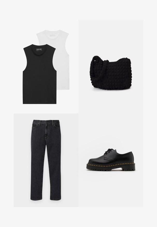 To t-skjorter uten ermer, en svart og en hvit, med rund hals og myk bomull. Begge har en standard rett passform.; Sorte straight-leg jeans med frontlommer, bæltestropper og knaplukning, vist mod en hvid baggrund.; Svart lær snøresko med rund tå, teksturert gummisåle og gul søm rundt bunnen. Flat design og glatt overflate.; Svarte tekstilveske med en strukturert, quiltet mønster. Rund form, korte, tykke håndtak og en myk, fleksibel struktur.