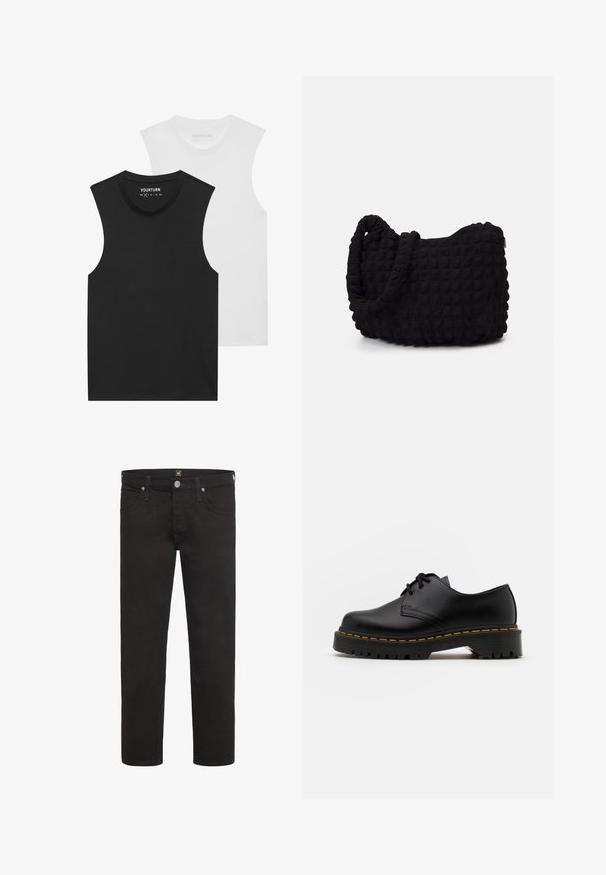 Dva bezrukava T-majica, jedna crna i jedna bijela, s okruglim izrezom i mekanim pamučnim materijalom. Svaka ima standardni ravni kroj.; Crne traperice ravnog kroja s kopčanjem na dugme i patentni zatvarač, prednji i stražnji džepovi te petlje za remen, marka Lee.; Crne kožne cipele sa vezanjem, okruglog vrha, sa teksturiranom gumom potplatom i žutim šavom oko baze. Ravni dizajn i glatka završna obrada.; Crna platnena torba s teksturiranim, kviltanim uzorkom. Okrugli oblik, kratke, debele ručke i meka, fleksibilna struktura.