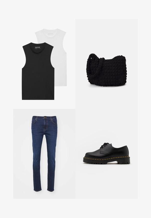 Två ärmlösa t-shirts, en svart och en vit, med rund halsringning och mjukt bomullstyg. Varje t-shirt har en standard rak passform.; Mörkblå denimjeans med rak benmodell, försedda med standardfickor, en knappgylf och beige sömnads detaljer.; Svart läder snörsko med rundad tå, texturerad gummisula och gul söm runt basen. Platt design och slät yta.; Svart tygväska med en strukturerad, vadderad yta. Rund form, korta, tjocka handtag och en mjuk, flexibel struktur.