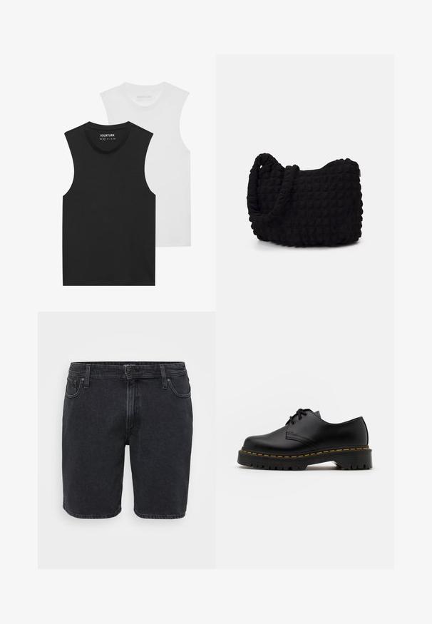 Dwie koszulki bez rękawów, jedna czarna, a druga biała, z okrągłym dekoltem i miękkim bawełnianym materiałem. Każda z nich ma standardowy prosty krój.; Czarne szorty dżinsowe o klasycznym fasonie, z zapięciem na guzik z przodu, szlufkami na pasek oraz pięcioma kieszeniami. Lekko wyblakła struktura.; Czarne skórzane buty na sznurówki z zaokrąglonym noskiem, teksturowaną gumową podeszwą i żółtym przeszyciem wokół podstawy. Płaski design i gładkie wykończenie.; Czarna torba z materiału o fakturowanym, pikowanym wzorze. Owalny kształt, krótkie, grube rączki oraz miękka, elastyczna struktura.