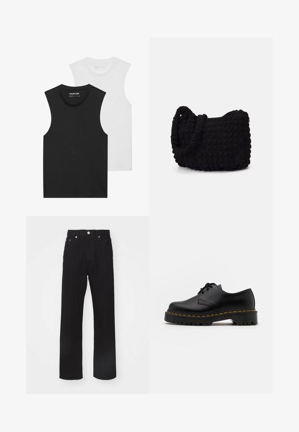 Two sleeveless T-shirts, one black and one white, featuring a round neckline and soft cotton fabric. Each has a standard straight cut.; Black denim jeans with a straight leg design, featuring a button and zipper closure, two front pockets, and simple stitching details.; Black leather lace-up shoe with a rounded toe, textured rubber sole, and yellow stitching around the base. Flat design and smooth finish.; Black fabric bag with a textured, quilted pattern. Rounded shape, short, thick handles, and a soft, flexible structure.