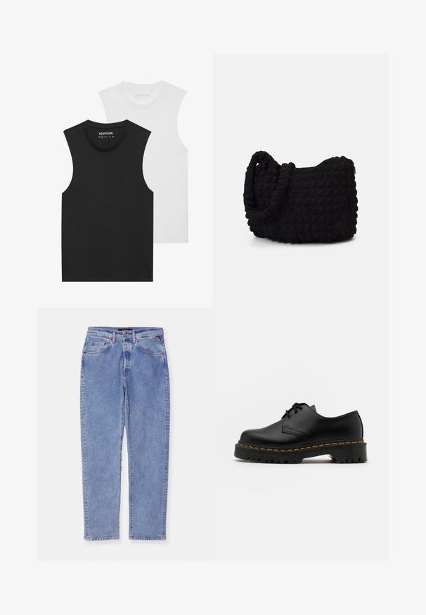 To t-skjorter uten ermer, en svart og en hvit, med rund hals og myk bomull. Begge har en standard rett passform.; Lyseblå denimjeans med rett snitt, fem lommer og knappefeste. Har subtil falming og kontrastsøm.; Svart lær snøresko med rund tå, teksturert gummisåle og gul søm rundt bunnen. Flat design og glatt overflate.; Svarte tekstilveske med en strukturert, quiltet mønster. Rund form, korte, tykke håndtak og en myk, fleksibel struktur.