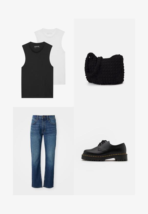 Dwie koszulki bez rękawów, jedna czarna, a druga biała, z okrągłym dekoltem i miękkim bawełnianym materiałem. Każda z nich ma standardowy prosty krój.; Niebieskie dżinsy z prostymi nogawkami, z pięcioma kieszeniami, zapięciem na guzik i kontrastowymi żółtymi przeszyciami. Gładka faktura.; Czarne skórzane buty na sznurówki z zaokrąglonym noskiem, teksturowaną gumową podeszwą i żółtym przeszyciem wokół podstawy. Płaski design i gładkie wykończenie.; Czarna torba z materiału o fakturowanym, pikowanym wzorze. Owalny kształt, krótkie, grube rączki oraz miękka, elastyczna struktura.