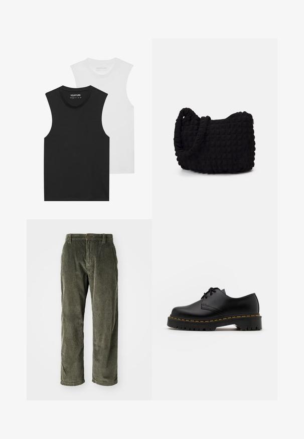Twee mouwloze T-shirts, eentje zwart en eentje wit, met een ronde halslijn en zachte katoenen stof. Elk heeft een standaard rechte snit.; Olijfgroene corduroy broek met verticale ribbels, voorzien van een knoopsluiting en een rechte pijp. Zachte textuur met een klassieke pasvorm.; Zwarte leren veterschoen met een ronde neus, getextureerde rubberen zool en gele stiksels rond de basis. Plat ontwerp en een gladde afwerking.; Zwarte stoffen tas met een gestructureerd, gewatteerd patroon. Rondvormig, korte, dikke handvatten en een zachte, flexibele structuur.