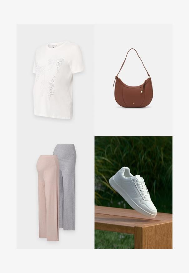 Bílá bavlněná tričko s krátkým rukávem, zdobené designem listů obrysy malých kovových hrotů. Klasický kulatý výstřih, volný střih.; Dvě dvojice širokých kalhot, jedny světle růžové a jedny světle šedé, vyrobené z měkké žebrované pleteniny, s vysokým pasem.; Bílé tenisky s hladkým syntetickým svrškem, perforovanou špičkou, plochými tkaničkami a texturovanou podrážkou, vystavené na dřevěném povrchu.; Hnědá kabelka přes rameno z umělé kůže s zakřiveným tvarem, minimálním prošíváním a zlatým kovovým akcentem. Disponuje vrchním zipovým uzavíráním a nastavitelným popruhem.