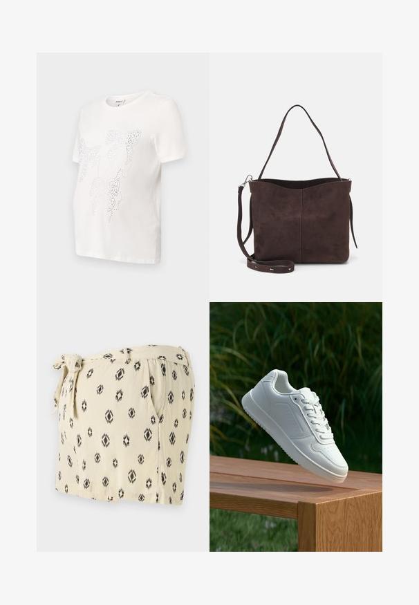 T-shirt en coton blanc à manches courtes, avec un design de feuilles soulignées de petits clous métalliques. Encolure ronde, coupe décontractée.; Shorts beige clair avec des motifs géométriques noirs, dotés d'une taille à nouer, de poches latérales et d'une coupe décontractée. Fabriqués en tissu doux.; Sneakers blanches avec une tige synthétique lisse, un avant perforé, des lacets plats et une semelle texturée, présentées sur une surface en bois.; Sac fourre-tout en suède brun avec une texture douce, présentant une seule bandoulière et une ouverture supérieure légèrement courbée. Aucun détail de matériel visible.