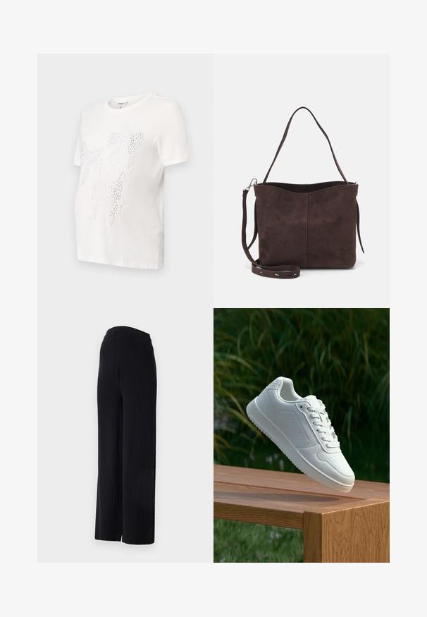 Bela bombažna majica s kratkimi rokavi, ki vsebuje dizajn listov obrobljenih z majhnimi kovinskimi bleščicami. Okroglo izrezovanje, sproščen kroj.; Even&Odd Maternity Hlače - black; Bela teniska s gladkim sintetičnim zgornjim delom, perforiranim prednjim delom, ravnimi vezalkami in teksturiranim podplatom, prikazana na leseni površini.; Rjava gamoška torba z mehkobo teksturo, ki ima en samo ramenski trak in subtilno ukrivljen zgornji del. Brez vidnih kovinskih detajlov.