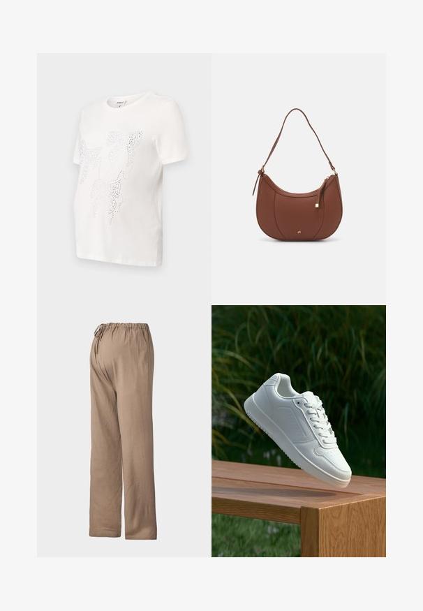 Tricou alb din bumbac cu mâneci scurte, având un design cu frunze conturate cu mici strasuri metalice. Guler rotund, croi lejer.; Pantaloni de culoare bej deschis, cu croială lejeră, elastic în talie și șnur ajustabil, confecționați dintr-un material moale, cu un design drept pe picioare.; Sneaker alb cu un upper sintetic neted, cu vârf perforat, șireturi plate și o talpă texturată, expus pe o suprafață de lemn.; Geantă de umăr din piele ecologică maro, cu o formă curbată, cusături minime și un accent din metal auriu. Are un închidere cu fermoar în partea de sus și o curea ajustabilă.