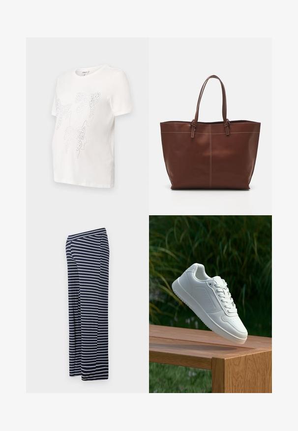Fehér pamut póló rövid ujjakkal, apró fém szegecsekkel díszített levélmintával. Kerek nyakkivágás, laza szabás.; Tengerészkék és fehér csíkos, széles lábú nadrág ribbelt textúrával, rugalmas derékkal és laza fazonnal.; Fehér sportcipő sima szintetikus felsőrésszel, perforált lábujjrész, lapos fűzőkkel és texturált talppal, fából készült felületen kihelyezve.; Barna bőr bevásárlótáska dupla fogantyúval, kontrasztvarrás jellemzi, tágas kialakítással, mindennapi használatra alkalmas.