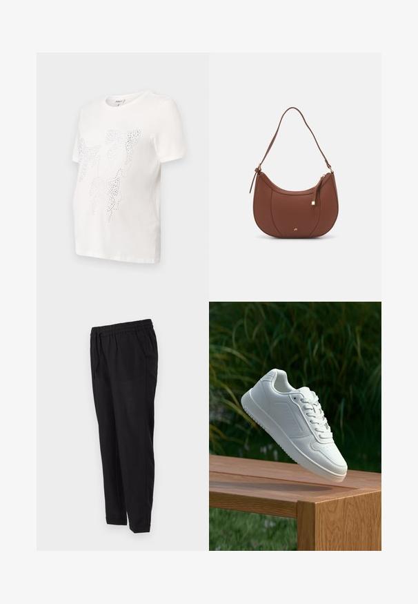 Bílá bavlněná tričko s krátkým rukávem, zdobené designem listů obrysy malých kovových hrotů. Klasický kulatý výstřih, volný střih.; Černé kalhoty s elastickým pasem, bočními kapsami, zúženými nohavicemi a ohrnutými lemy. Vyrobené z hladké, lehké tkaniny.; Bílé tenisky s hladkým syntetickým svrškem, perforovanou špičkou, plochými tkaničkami a texturovanou podrážkou, vystavené na dřevěném povrchu.; Hnědá kabelka přes rameno z umělé kůže s zakřiveným tvarem, minimálním prošíváním a zlatým kovovým akcentem. Disponuje vrchním zipovým uzavíráním a nastavitelným popruhem.