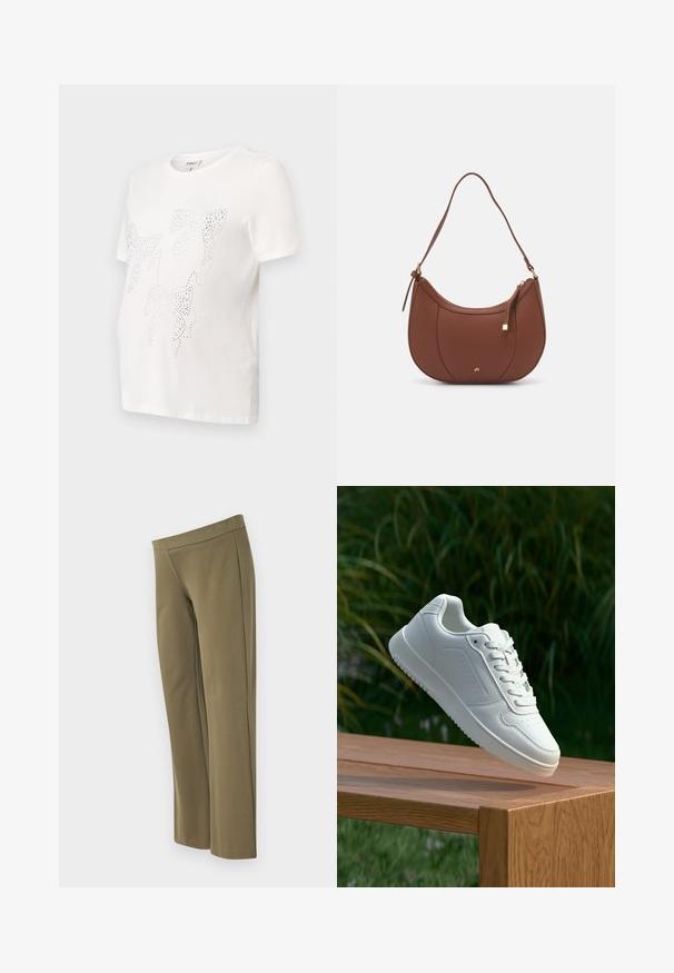Hvitt bomulls t-skjorte med korte ermer, med et design av blader omrisset i små metallnagler. Rund hals, avslappet passform.; Olivengrønne, vide bukser lavet af blødt stof, med en glat talje og minimale sømme for et rent udseende.; Hvite sneakers med en glatt syntetisk overdel, perforert tåboks, flate snørebånd og en teksturert såle, vist på en treflate.; Brun kunstlæder skuldertaske med buet form, minimal syning og detaljer i guld-tonet hardware. Har en top lynlås lukning og justerbar rem.