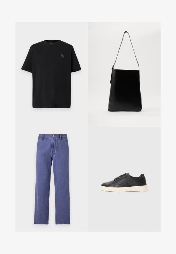 Mustmust särgid lühikeste varrukatega, ümmargune kaelus ja vasakul rinnal on halli värvi sosistatud hobuslogo.; Sinine denimist teksapüksid sirge lõikega, kõrge vöökoht, esitõmblukk ja viie taskuga disain. Kangas on kergelt tekstuuriga. Mustriteta.; Must be a black leather sneaks, millelööb, ümar ninaga ja lame valge kummitald. Omab musti paelu ja brändingut kanna peal.; Mustast nahast õlakott, millel on sile tekstuur, ristkülikuline kuju ja pikk rihm; keskel on väike valge logo.