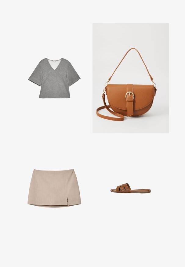 Szara bluzka z krótkim rękawem i dekoltem w serek. Wykonana z miękkiego materiału, ma prosty krój oraz delikatne kontrastowe wykończenie wokół dekoltu.; Beżowa, dopasowana spódnica z teksturowanej tkaniny, z delikatnym bocznym rozcięciem. Prosty design nie zawiera dodatkowych akcesoriów ani wzorów.; Brązowe skórzane klapki z krzyżującymi się paskami, płaską podeszwą i gładką fakturą. Prosty design bez ozdób czy wzorów.; Brązowa skórzana torba na ramię o zaokrąglonym kształcie, ze złotymi akcentami i zapięciem w formie klamry. Posiada odpinany pasek na ramię.