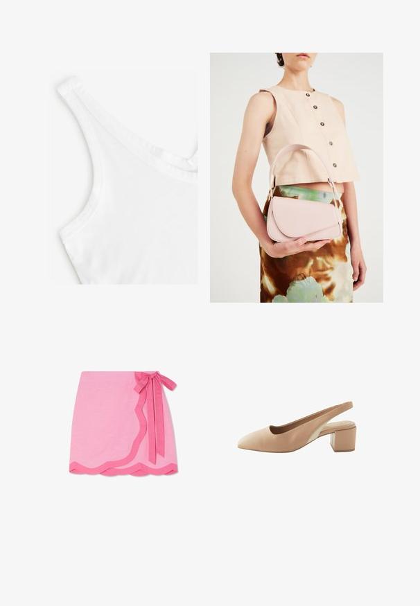 Biely top s tankom s hladkou, jemnou textúrou. Obsahuje tenké ramienka a okrúhly výstrih, vyrobený z ľahkého bavlneného materiálu.; Ružová ľanová sukňa s vlnitým lemom, ktorá má na páse kontrastnú tmavne ružovú väzbu a hladkú textúru.; Bežové sandále s otvorenou pätou a špicatou špičkou, vyrobené z hladkej kože. Majú blokový opätok a kontrastný panel na bokoch.; Ružová kožená kabelka s zakriveným klapkovým uzáverom, jedným ramenným popruhom a čistými líniami. Kabelka má hladkú textúru a minimalistický dizajn.