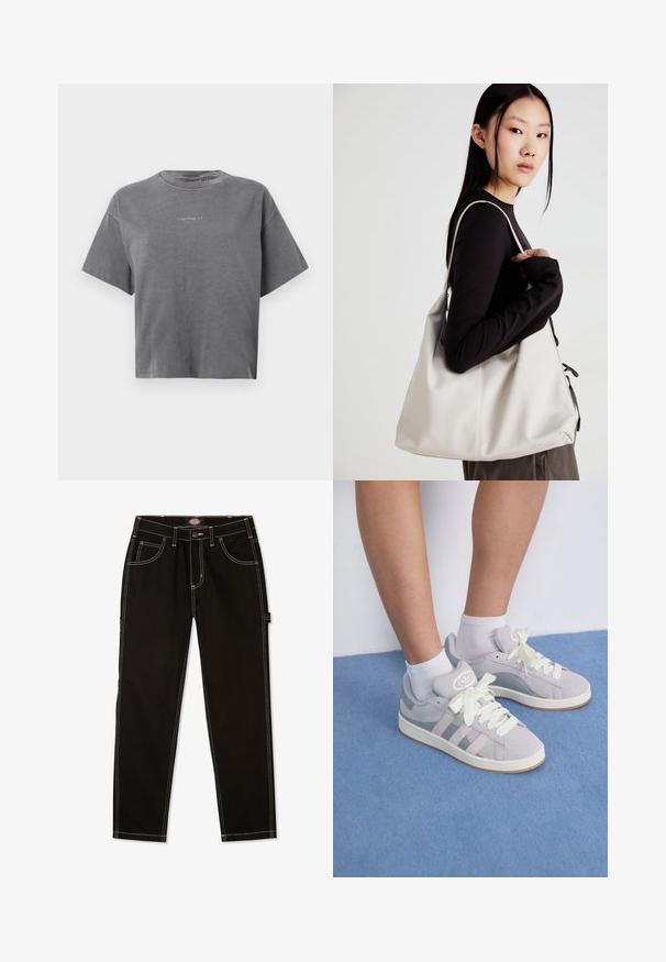 Hallist lühikeste varrukatega lühikeses T-särgis, millel on ümar kaelus ja väike keskel asuv valge "carhartt" logo ees.; Mustad teksased kontrastsete valgete õmblustega, viie taskuga ja küljetabaga. Standardselt sobiv, sirge jala disain.; Hallid hallad südamega ketsid valgete paelte ja kummitaldadega, millel on külgedel kolm diagonaalset triipu ja sildiga logoga keele peal.; Bež käekott pehme materjali, millel on lõtv disain, õmblustega detailid ja kaks õlarihma. Sobib igapäevaseks kasutamiseks.