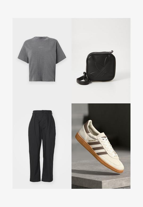 Harmaa lyhythihainen crop-top t-paita, jossa on pyöreä kaula-aukko ja pieni keskitetty valkoinen "carhartt" logo edessä.; Mustat housut, joissa on korkea vyötärö, laskostettu etuosa ja yksi nappisulku. Valmistettu sileästä kankaasta, suorasyiset lahkeet ja sivutaskut.; Valkoinen nahkasneakeri, jossa on ruskeat nahkaakkentit, kolme ruskeaa raitaa ja valkoiset nauhat. Sisältää teksturoitua kumipohjaa ja kultaisen "SPEZIAL"-logon.; Mustikka neliö muotoinen olkalaukku, joka on valmistettu teksturoidusta synteettisestä materiaalista. Varustettu kohotetulla logolla ja säädettävällä hihnalla. Vetoketjukiinnitys.