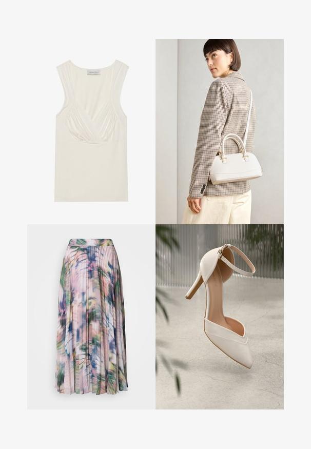 Kreemikas värv, ilma varrukateta tee, millel on V-kaelus ja külgedel kogutud detailid, valmistatud pehmest ja venivast materjalist. Sildil on kirjutatud "ANNA FIELD."; Plektsitud midi seelik kergest, läbipaistvast kangast. Omab mitmevärvilist abstraktset lillemustrit roosa, rohelise ja sinise varjunditega.; Valged kõrged kontsad siledast materjalist, terava ninaga ja pahkluu rihmaga. Omab heledat pruunikat sisetalu ja kuldset riistvara aktsenti.; Valge struktureeritud käekott lühikeste käepidemete ja õlavööga, millel on kuldse riistvara aktsendid ja tekstuuriga materjal, eksponeeritud halli taustal.; Kuldtooni metallist kõrvarõngas, millel on elegantne ja kaarjas disain. Omab silmapaistvat teravat kuju, poleeritud pinda ja hingesulgemist.