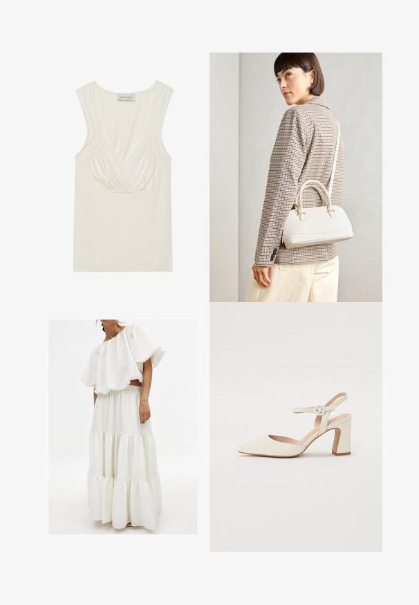 Cremefarvet ærmeløs top med V-hals og sammensyning på siderne, lavet af blødt, strækbart materiale. Tagget siger "ANNA FIELD."; Hvidt to-delt sæt bestående af en tekstureret top uden skulderstropper med store ærmer og en lagdelt nederdel med elastisk talje.; Spidsede, cremefarvede pumps med en blokhælhæl. Udstyret med en tynd ankelrem med en rund spænde og en glat læderoverflade.; Hvid struktureret taske med korte håndtag og en skulderrem, prydet med guldfarvede hardwaredetaljer og tekstureret materiale, præsenteret mod en grå baggrund.; Sæt af seks guldringe med forskellige designs: fletninger, bladmotiv og solide bånd; nogle med grønne ædelstensdetaljer.