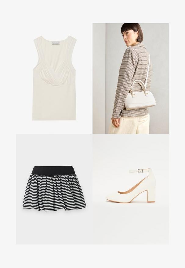 Kremo spalvos be rankovių viršus su V formos iškirpte ir surinkimo detalėmis šonuose, pagamintas iš minkštos, tamprios medžiagos. Etiketėje parašyta "ANNA FIELD."; Juoda ir balta dryžuota sijonas su susiraukšlėta išvaizda ir elastinga juosta, pagamintas iš minkštos medžiagos. Sijonas turi platėjančią formą, suteikiančią apimties.; Baltas aukštas kulnas su smailiu pirštu, blokiniu kulnu ir kulkšnies dirželiu. Lygus paviršius su subtiliu blizgesiu ir smėlio spalvos vidine pamušalu.; Balta struktūruota rankinė su trumpomis rankenomis ir peties diržu, su auksinėmis detalėmis ir tekstūruota medžiaga, pastatyta prieš pilką foną.