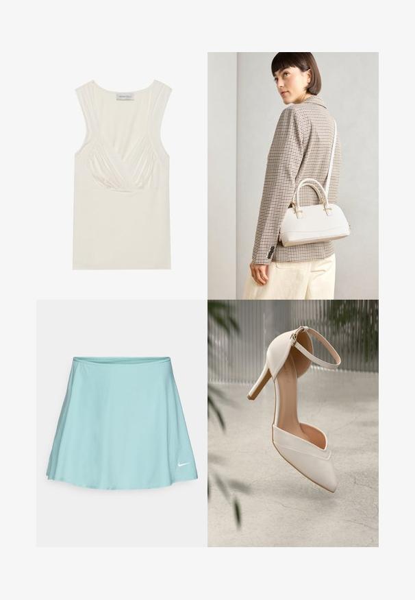 Kreemikas värv, ilma varrukateta tee, millel on V-kaelus ja külgedel kogutud detailid, valmistatud pehmest ja venivast materjalist. Sildil on kirjutatud "ANNA FIELD."; Hele sinine spordiseelik, millel on laienev disain, valmistatud pehmest kangast. Alumises paremas servas on valge Nike logo.; Valged kõrged kontsad siledast materjalist, terava ninaga ja pahkluu rihmaga. Omab heledat pruunikat sisetalu ja kuldset riistvara aktsenti.; Valge struktureeritud käekott lühikeste käepidemete ja õlavööga, millel on kuldse riistvara aktsendid ja tekstuuriga materjal, eksponeeritud halli taustal.