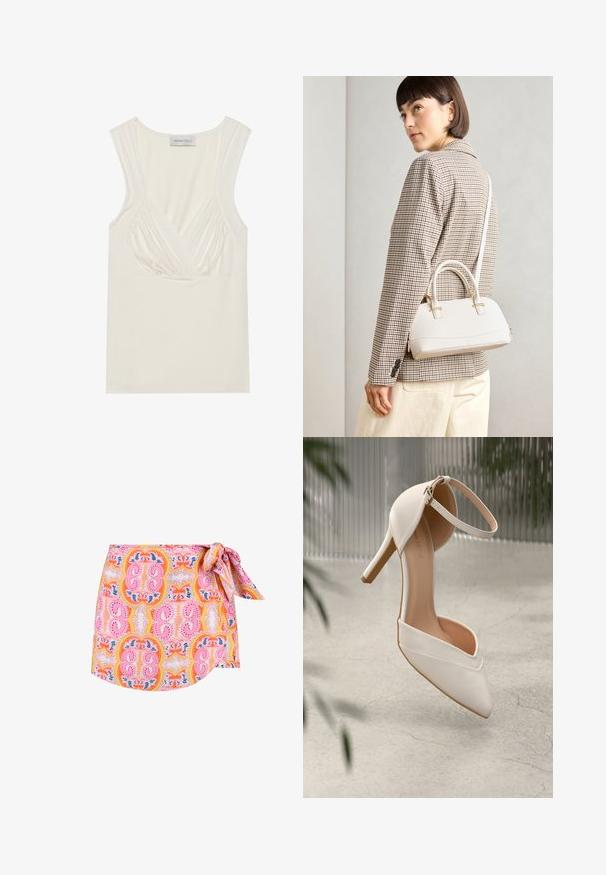 Cream-colored sleeveless top with a V-neck and gathered detailing at the sides, made from soft, stretchy material. Tag reads "ANNA FIELD."; Wrap skirt in multicolor fabric featuring a vibrant floral and paisley pattern, with a side tie detail and asymmetrical hemline.; White high-heeled shoe in smooth material with pointed toe and ankle strap. Features a light tan interior and gold-tone hardware accent.; White structured handbag with short handles and a shoulder strap, featuring gold hardware accents and textured material, displayed against a grey background.