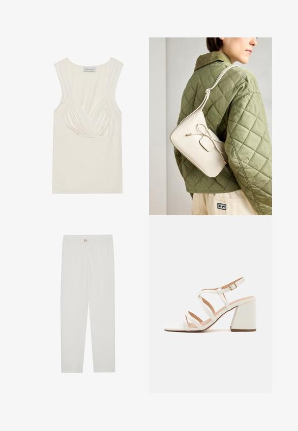 Kremowy top bez rękawów z dekoltem w serek i marszczeniami po bokach, wykonany z miękkiego, elastycznego materiału. Metka mówi "ANNA FIELD."; Białe, dopasowane spodnie z prostymi nogawkami, posiadające zapięcie na guzik, szlufki na pasek oraz kieszenie boczne; gładka tekstura materiału.; Even&Odd Wide Fit - Sandały; Beżowa skórzana torebka na ramię z kokardką, złotymi detalami i pojedynczym regulowanym paskiem, noszona na zielonej pikowanej kurtce.