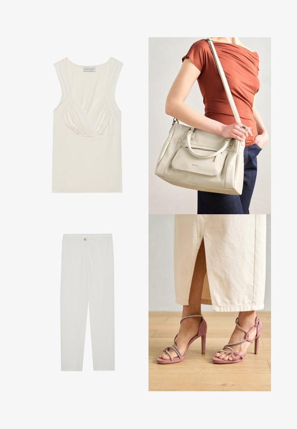 Kremna brezrokavnica z V-izrezom in naborki na straneh, izdelana iz mehkega, raztegljivega materiala. Oznaka pravi "ANNA FIELD."; Bela, krojena hlače z ravnimi nogami, ki vključujejo gumbasto zapiranje, zanke za pas in stranske žepe; gladka tekstura tkanine.; Roza suedne sandale na visokih petah s prepletenimi naramnicami in srebrnimi okrasnimi elementi, z odprtim nosom in teksturirano površino.; Bela usnjena torba z dvema ročkama in odstranljivo naramnico, ki ima sprednji žep na zadrgo in gladko teksturo. Nositi jo na osebi na roki.