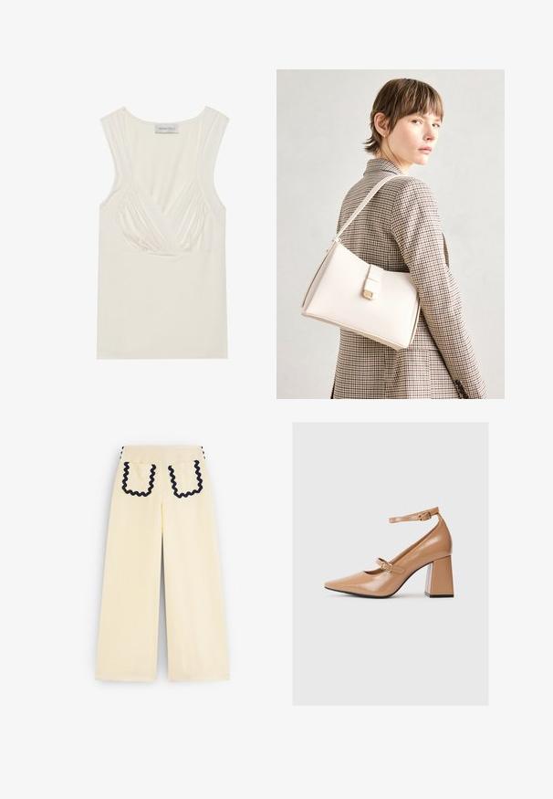 Top sans manches de couleur crème avec un col en V et des détails froncés sur les côtés, fabriqué en matériau doux et extensible. L'étiquette indique "ANNA FIELD."; Pantalons jaunes à jambes larges avec une finition texturée. Présente un passepoil en rickrack marin contrastant sur les bords des poches et les coutures latérales.; Chaussures à talons hauts en cuir verni beige avec un bout pointu, une bride de cheville et un talon carré épais. Texture lisse avec une finition brillante.; Sac à main en cuir blanc au design structuré, doté d'un fermoir magnétique et d'une bandoulière, présenté sur un fond neutre.