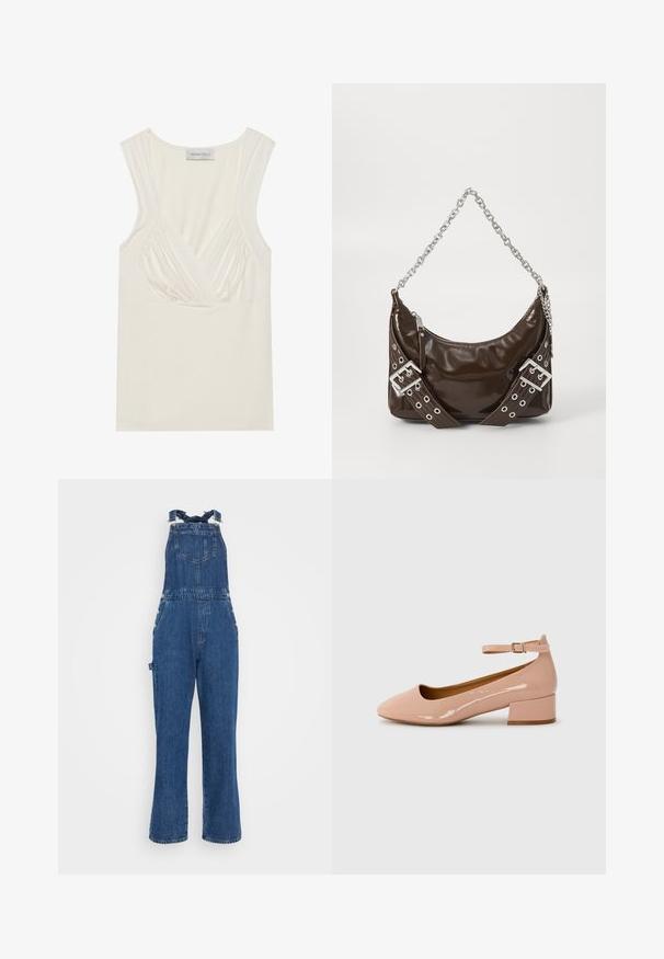 Top fără mâneci, de culoare crem, cu decolteu în V și detaliu plisat pe laterale, realizat dintr-un material moale și elastic. Eticheta spune "ANNA FIELD."; Salopete din denim cu bretele ajustabile, buzunar frontal și detalii cu nasturi pe laterale. Culoare albastru închis și design cu picioare drepte, cu o textură uzată.; Pantofii plat din piele lacuită, de culoare roz, cu vârf rotund, curea la gleznă și toc mic de tip bloc. Textură netedă și design minimalist.; Geantă de mână din piele lacuită de culoare maro închis, cu curea din lanț argintiu, curele decorative cu catarame duble și închidere cu fermoar.