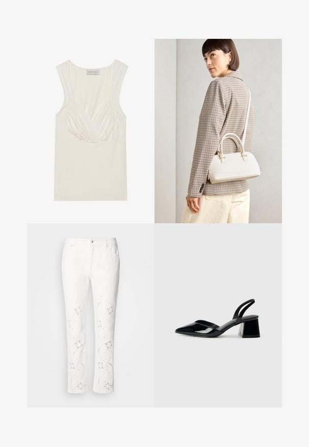 Svetlý krémový top bez rukávov s výstrihom do V a zberaním na bokoch, vyrobený z mäkkého a pružného materiálu. Štítok znie "ANNA FIELD."; Biele bavlnené nohavice so kvetinovou výšivkou pozdĺž nohavíc, s rovný strihom a zapínaním na gombík v páse.; Čierne lakované kožené sandálové podpätky s špicatou špičkou a geometrickým blokovým podpätkom. Disponujú elegantným, minimalistickým dizajnom a hladkým povrchom.; Biela štruktúrovaná kabelka s krátkymi rúčkami a ramenným popruhom, s zlatými kovovými prvkami a textúrovaným materiálom, vystavená na šedom pozadí.