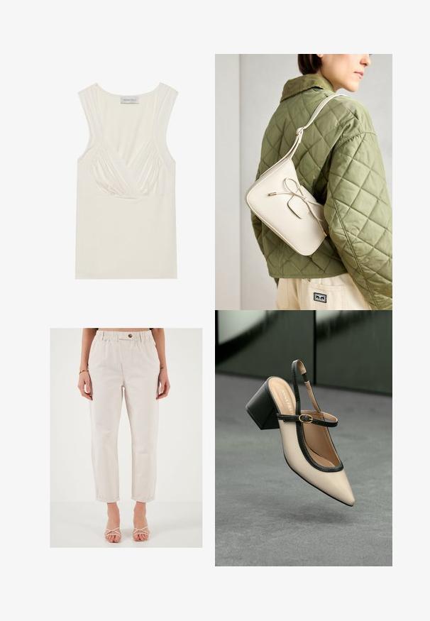 Krēmus krāsas bez piedurknēm topiņš ar V veida kakla izgriezumu un savirknējumu detaļām sānos, izgatavots no mīkstas, elastīgas materiāla. Etiķete norāda "ANNA FIELD."; Gai smilšu krāsas bikses ar elastīgu jostu, ar priekšējo pogu, sašaurinātām kājām un sarullētām piedurknēm. Izgatavotas no gludas, teksturētas auduma.; Beige smailā purngalā siksnu kurpe ar melnu akcentu, zelta sprādzi un masīvu bloku papēdi uz pelēka grīdas ar tumši zaļu fonu.; Bēša ādas crossbody soma ar loku detaļu, zelta aparatūru un vienu regulējamu siksnu, vilkta pāri zaļai quilted jakai.