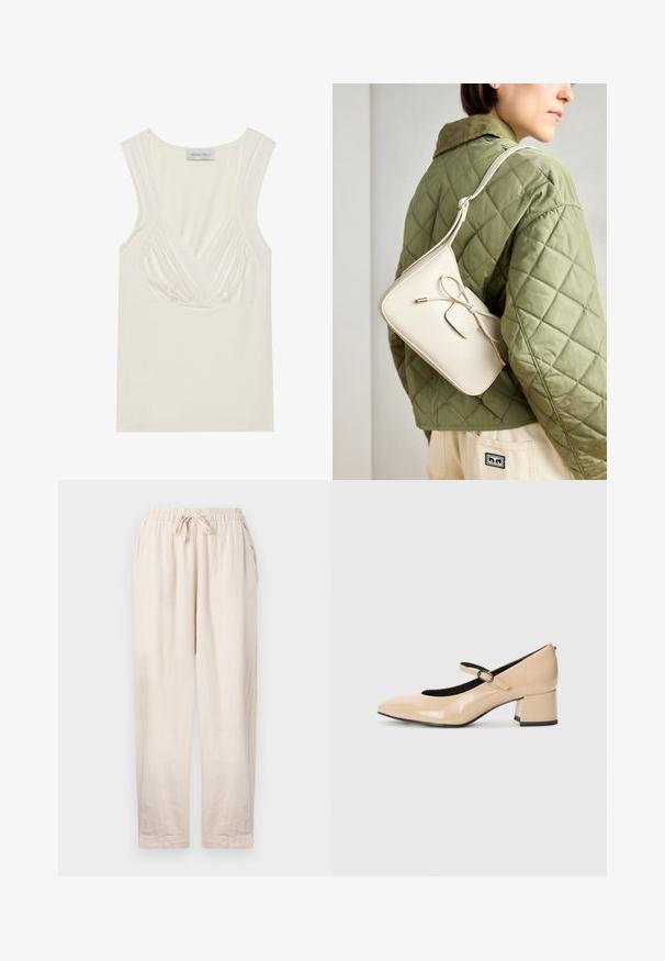 Kremo spalvos be rankovių viršus su V formos iškirpte ir surinkimo detalėmis šonuose, pagamintas iš minkštos, tamprios medžiagos. Etiketėje parašyta "ANNA FIELD."; Bežiniai lininiai kelnių su elastinga juosta ir raišteliu. Turintys dvi šonines kišenes ir laisvą siluetą su tiesiomis kojomis.; Kreminės spalvos patentuotos odos Mary Jane bateliai su imitaciniu pirštu, sagteliu ir vidutinio aukščio blokuotu kulnu. Lygus paviršius su blizgiu apdaila.; Bežinė odinė per petį nešama rankinė su kaspino detalėmis, auksinėmis detalėmis ir viena reguliuojama petneša, dėvima ant žalios siuvinėtos striukės.