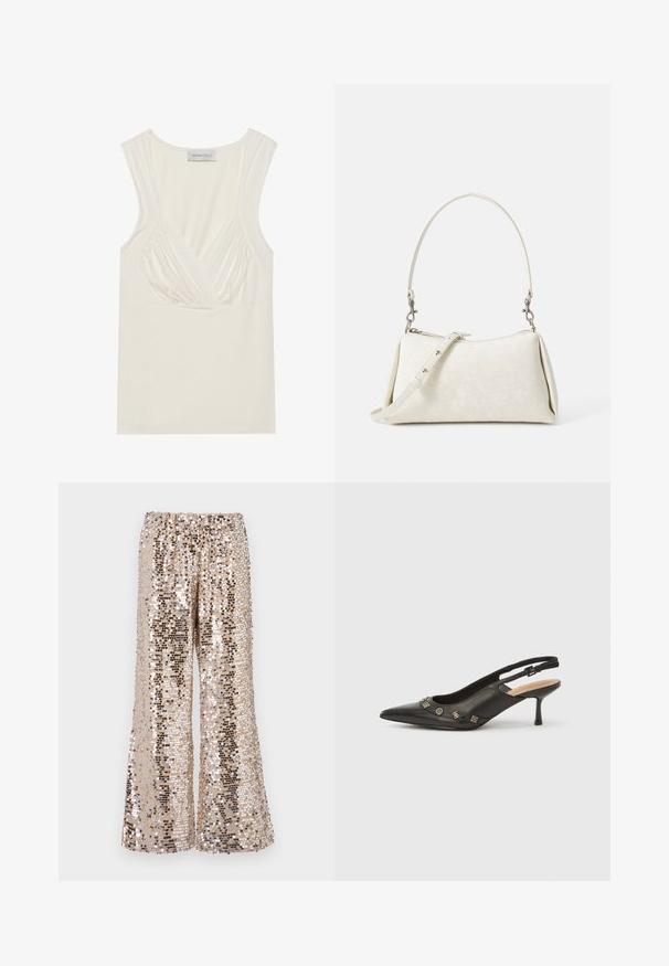 Crème-kleurige mouwloze top met een V-hals en geplooide details aan de zijkanten, gemaakt van zachte, rekbare stof. Het label zegt "ANNA FIELD."; Gouden en zilveren wijde broeken met pailletten en een elastische tailleband. Kenmerkt zich door een schitterende textuur en een losse pasvorm.; Zwarte leren slingback pump met puntige neus, lage hak en decoratieve metalen accenten langs de vooropening. Gladde textuur.; Witte handtas met een gladde textuur, gebogen silhouet en verstelbare schouderriem. Voorzien van een subtiel logo-patroon en zilveren hardware-accenten.