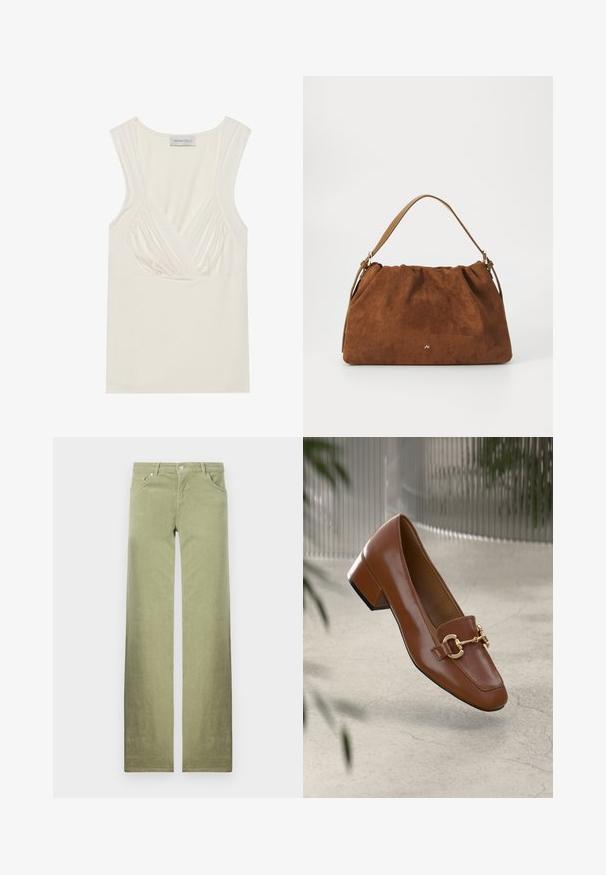Cream-colored sleeveless top with a V-neck and gathered detailing at the sides, made from soft, stretchy material. Tag reads "ANNA FIELD."; Green cotton trousers with a straight leg design, featuring front pockets, a button closure, and a clean, textured fabric finish.; Brown patent leather loafer with square toe, metallic chain accent, and low block heel; smooth texture, minimalist design.; Brown suede handbag with a gathered design, featuring a single tan leather strap and a subtle gold logo detail on the front.