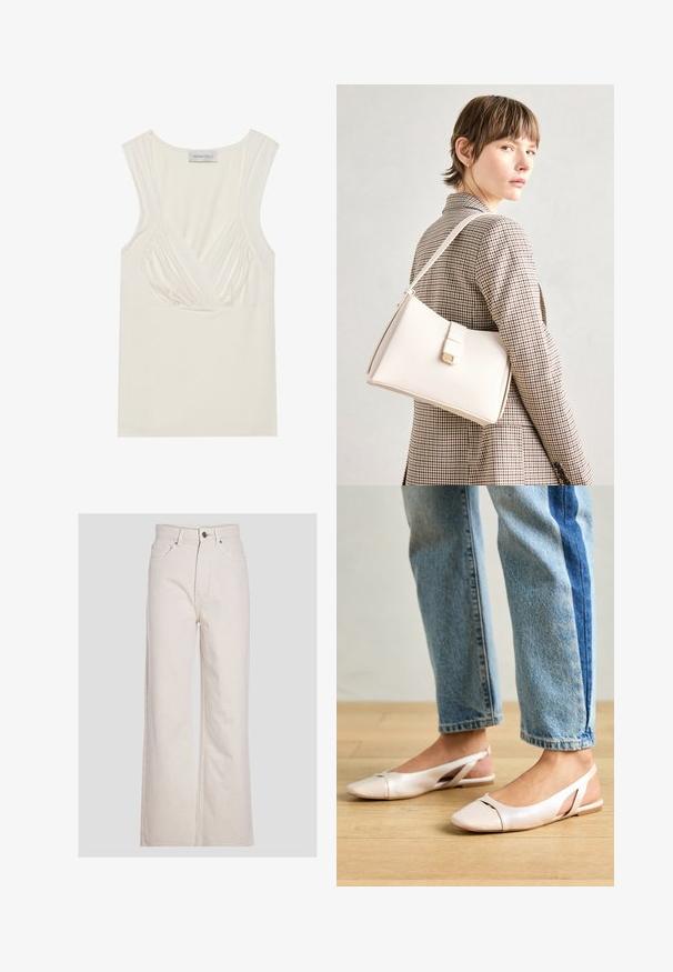 Crème-kleurige mouwloze top met een V-hals en geplooide details aan de zijkanten, gemaakt van zachte, rekbare stof. Het label zegt "ANNA FIELD."; Beige wijde jeans van katoen denim, met een hoge taille, sluiting met een voorste knoop en een standaard vijf-pocket ontwerp.; Zachtroze slingback ballerina's met een spitse neus, gemaakt van een glad leerachtig materiaal. Bevat uitsnijdingen aan de zijkanten en heeft een platte hak.; Witte leren handtas met een gestructureerd ontwerp, voorzien van een magneetsluiting en een schouderriem, tentoongesteld tegen een neutrale achtergrond.