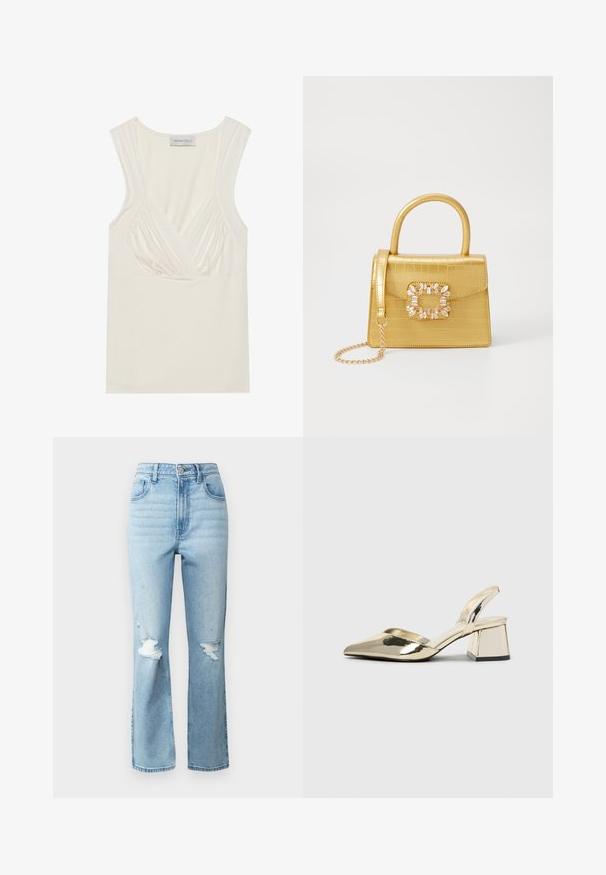 Kreemikas värv, ilma varrukateta tee, millel on V-kaelus ja külgedel kogutud detailid, valmistatud pehmest ja venivast materjalist. Sildil on kirjutatud "ANNA FIELD."; Heledad sinine denimist teksad, millel on kõrge vöökoht, sirge lõikega ja kulumise detailid, sealhulgas rebenenud kohad põlvedel.; Kuldne, metallilised slingback-kudumid terava varba ja paksu kontsaga. Sile tekstuur, minimalistlik disain ja kitsas rihm.; Kollane faux-krokodilli käsipindaga kott, millel on struktureeritud disain, ülemine käepide, eemaldatav kettmass ja dekoratiivne kristallkaunistus klambril.; Kuldsest rõngastest kõrvarõngad sileda, ümarate joontega. Õhukesed ja kerged, koosnevad pidevast ringsest kujundist ilma kaunistusteta.