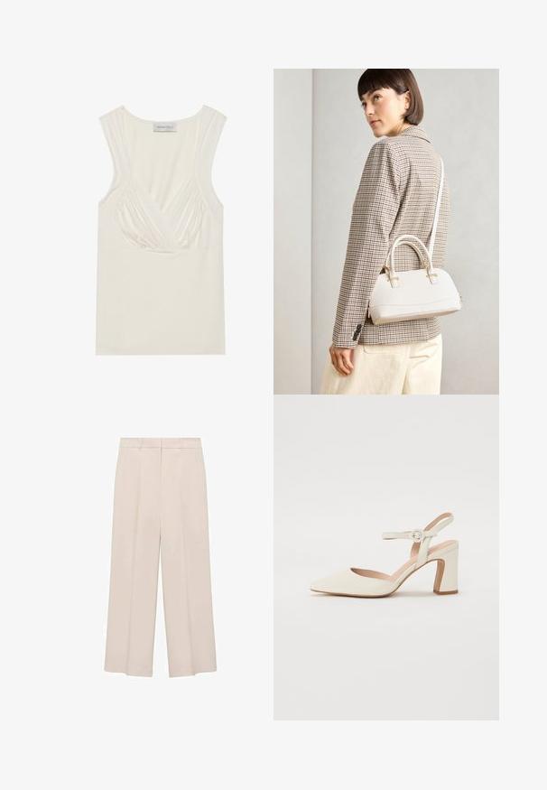 Top fără mâneci, de culoare crem, cu decolteu în V și detaliu plisat pe laterale, realizat dintr-un material moale și elastic. Eticheta spune "ANNA FIELD."; Mango Pantaloni - off-white; Pantof cu vârful ascuțit, de culoare crem, cu toc pătrat. Dispune de o curea subțire la glezna cu o cataramă rotundă și o textură netedă a pielii.; Geantă structurată albă, cu mânere scurte și curea de umăr, având accente din metal aurit și material texturat, expusă pe un fundal gri.