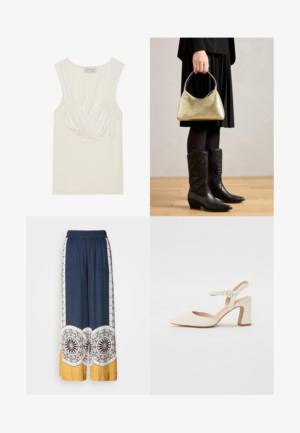 Kremasti bezrukavni top s V-izrezom i nabrane detalje sa strane, napravljen od mekog, rastezljivog materijala. Oznaka kaže "ANNA FIELD."; Tamnoplave široke hlače s elastičnim pojasom, s geometrijskim uzorcima u bijeloj, zelenoj i žutoj boji uz rub i sa strane.; Cipele s uskim vrhom, u krem boji, s blok petom. Imaju tanke remenčiće oko gležnja s okruglom kopčom i glatku kožnu teksturu.; Zlatna teksturirana torba s zakrivljenim oblikom i kratkom ručkom, koju drži osoba u crnoj plisiranoj suknji i crnim kožnim kaubojskim čizmama.