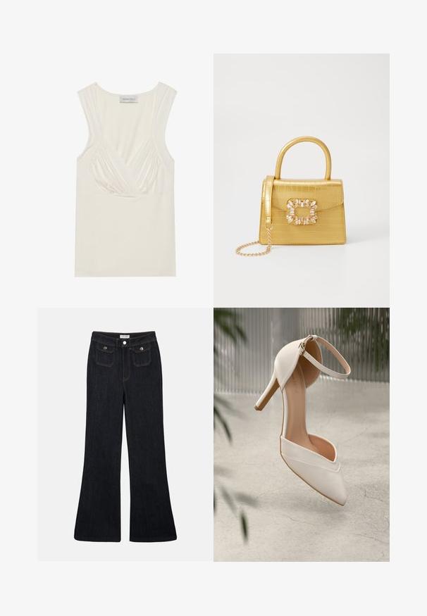 Cream-colored sleeveless top with a V-neck and gathered detailing at the sides, made from soft, stretchy material. Tag reads "ANNA FIELD."; Flared dark denim jeans with a high waist, two front pockets, and orange stitching. The material appears sturdy and smooth.; White high-heeled shoe in smooth material with pointed toe and ankle strap. Features a light tan interior and gold-tone hardware accent.; Yellow faux-crocodile handbag with a structured design, top handle, detachable chain strap, and decorative crystal embellishment on the clasp.