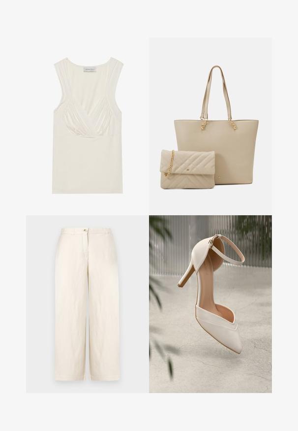 Krēmus krāsas bez piedurknēm topiņš ar V veida kakla izgriezumu un savirknējumu detaļām sānos, izgatavots no mīkstas, elastīgas materiāla. Etiķete norāda "ANNA FIELD."; Bežīgas plaša kāju bikses vieglā audumā, ar pogu aizdari, jostas cilpām un gludām apakšmalām. Gluda tekstūra un minimālistisks dizains.; Balta augstpapēžu kurpe gludā materiālā ar smailu purngalu un potītes siksniņu. Iekšpuse ir gaiši brūna, un ir zelta tonī detalizējumi.; Bēša tote soma ar plakaniem rokturiem, gludu tekstūru un zelta furnitūru, kopā ar saskaņotu izšūtu maciņu ar ķēdes siksnu.