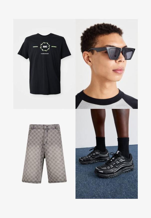 T-shirt noir Nike avec un cercle swoosh vert clair autour de "NIKE" et le texte "Engineered Sportswear" avec un petit texte en dessous.; Shorts en denim gris ornés d'un motif circulaire, avec un design traditionnel à cinq poches et des accents de couture visibles.; Des chaussures Nike noires présentent une tige en mesh avec des rayures d'accent, un laçage texturé et une semelle en caoutchouc noir. Portées avec des chaussettes noires côtelées.; Lunettes de soleil angulaires noires avec des verres foncés, présentant un design géométrique audacieux et une finition mate. Portées par une personne avec les cheveux courts.