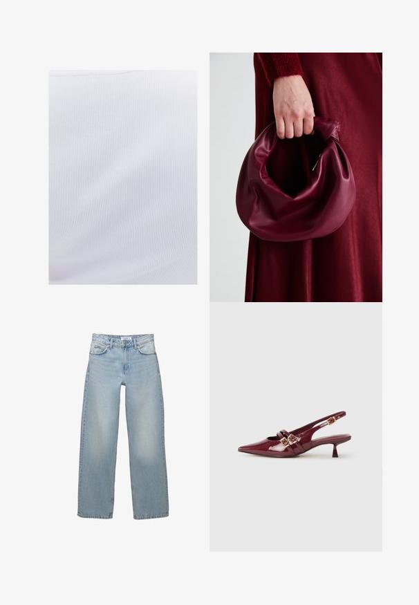 Tissu blanc côtelé avec une texture lisse et des lignes verticales, offrant un léger stretch, idéal pour les vêtements ajustés.; Jean large bleu clair en denim. Possède un design classique à cinq poches avec une fermeture à bouton et à glissière.; Chaussure slingback en cuir verni bordeaux avec un bout pointu, deux brides plates avec des boucles dorées, et un petit talon.; Sac à main en cuir bordeaux au design doux et froncé, avec une forme arrondie. La poignée est fixée, mettant en valeur une texture lisse.