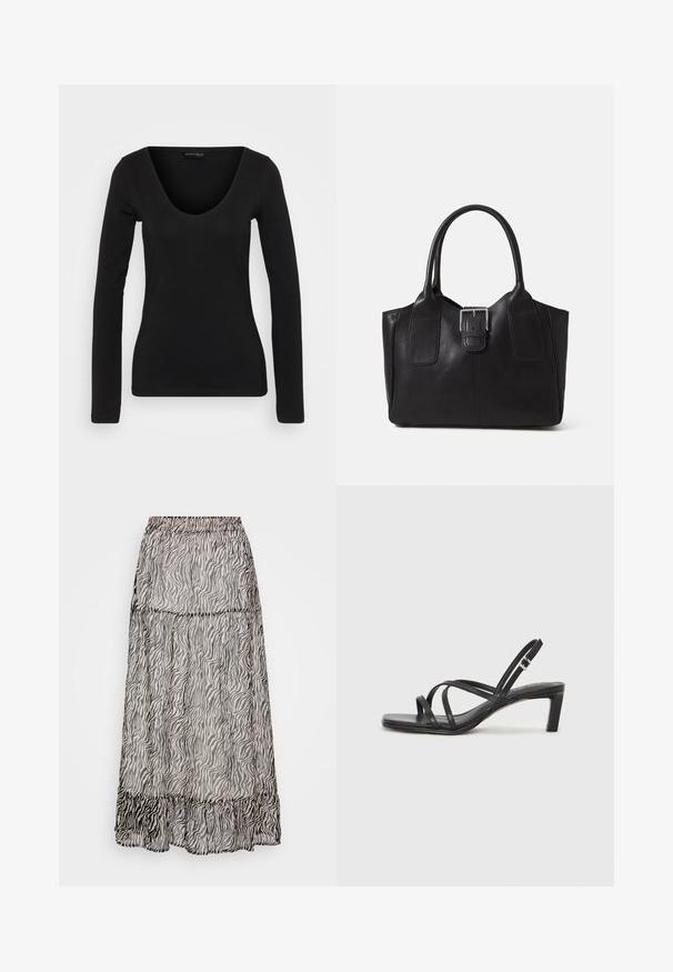 Black long-sleeve top made of soft fabric, featuring a deep V-neck and fitted silhouette, with a smooth texture and minimal seams.; Long, sheer skirt with a zebra stripe pattern in black and gray. Elastic waistband with a ruffled hem at the bottom. Lightweight fabric.; Black strappy sandal with a square toe and a low block heel. Features multiple thin straps and an adjustable ankle strap. Made of smooth leather.; Black leather tote bag with smooth texture, structured shape, two handles, and a prominent silver buckle detail on the front.