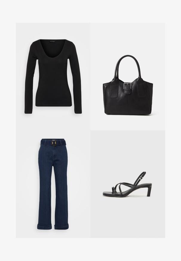 Top negro de manga larga hecho de tela suave, con un escote en V profundo y silueta ajustada, con una textura lisa y costuras mínimas.; Pantalones de mezclilla azul marino con un diseño de pierna ancha, que presentan un cinturón con una gran hebilla metálica y acentos de costura visibles.; Sandalia negra de tiras con punta cuadrada y tacón bajo de bloque. Presenta múltiples tiras delgadas y una correa ajustable en el tobillo. Fabricada en cuero suave.; Bolso tote de cuero negro con textura suave, forma estructurada, dos asas y un prominente detalle de hebilla plateada en la parte frontal.
