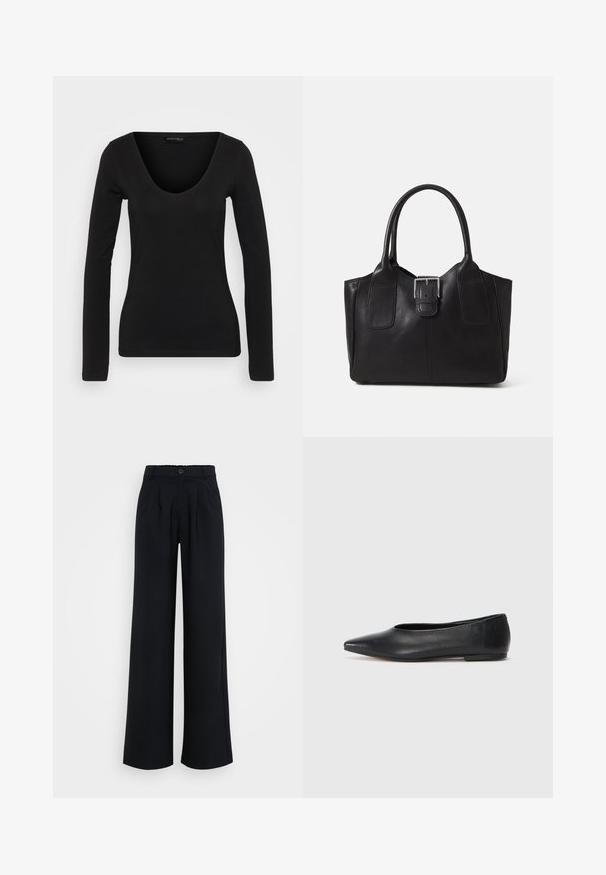 Musta pitkähiha paita, tehty pehmeästä kankaasta, syvällä V-aukkoselällä ja vartalonmyötäisellä siluetilla, sileällä pinnalla ja vähäisillä saumoilla.; Huonekatot mustat housut, jotka on valmistettu sileästä kankaasta; niissä on napitus ja hienovaraiset laskokset, sekä mukavuutta lisäävä joustava vyötärö.; Musta nahkainen ballerinatyyppinen kenkä, terävä kärki, minimalinen muotoilu, sileä pinta, matala korko, ei näkyvää metalliosaa tai koristeita.; Musta nahkainen olkalaukku, jossa on sileä pinta, ryhdikäs muoto, kaksi kahvaa ja silmienpistävä hopeinen solkiyksityiskohta edessä.